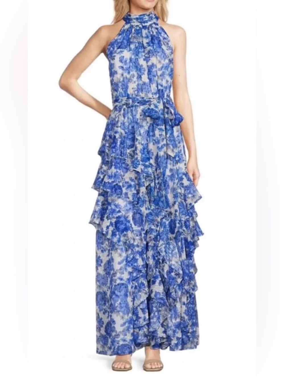 Floral Blue and White Halter Dress